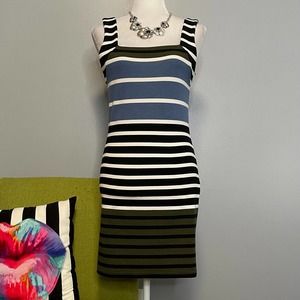 TOPSHOP Striped Knit Bodycon Mini Dress 6 Black White Blue Green